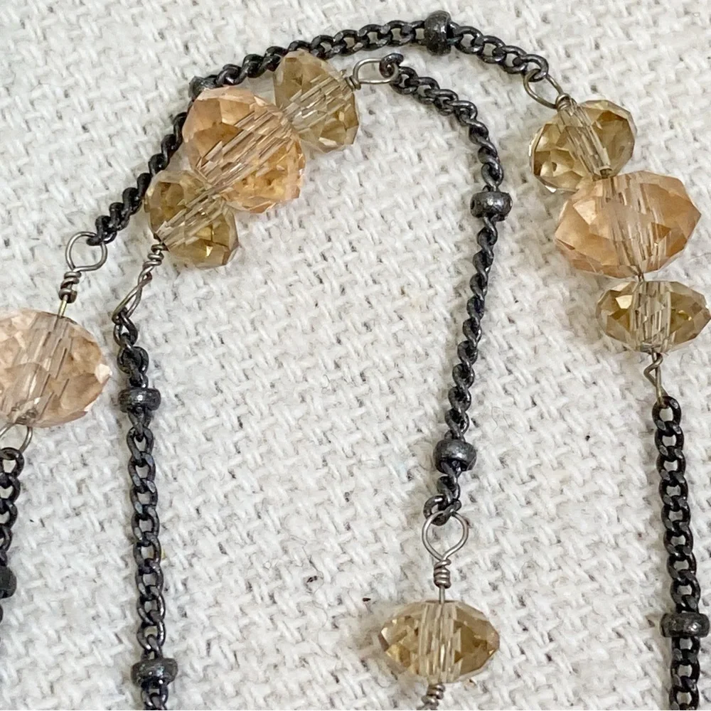 LOFT long station necklace faceted peach glass beads antiqued silver tone chain